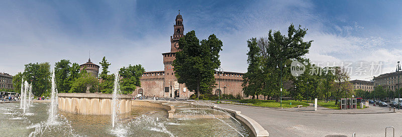 米兰 Castello Sforzesco Torre del Filarete 喷泉广场全景意大利